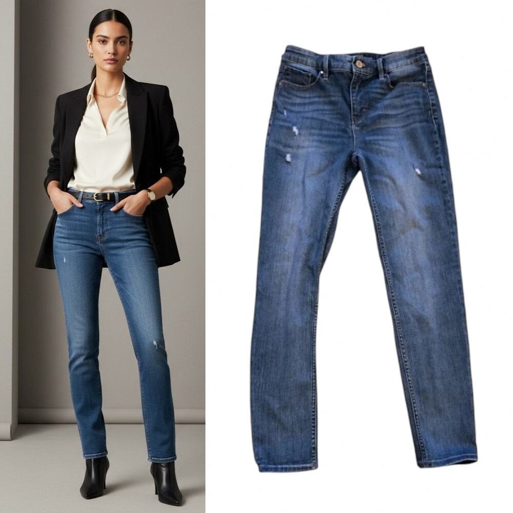 White House Black Market Jeans Wmn's 2 Skinny Ankle Distressed Medium Wash Blue